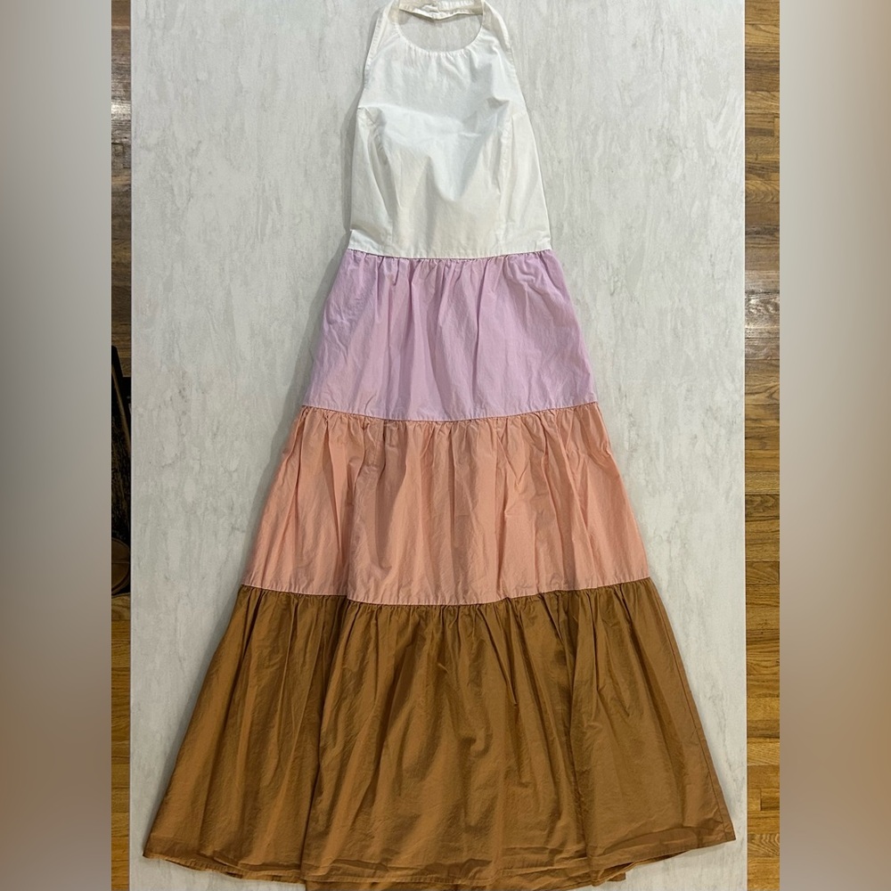 Cato White/multi Colored Elastic Waist Dress, halter top, tie in back, small